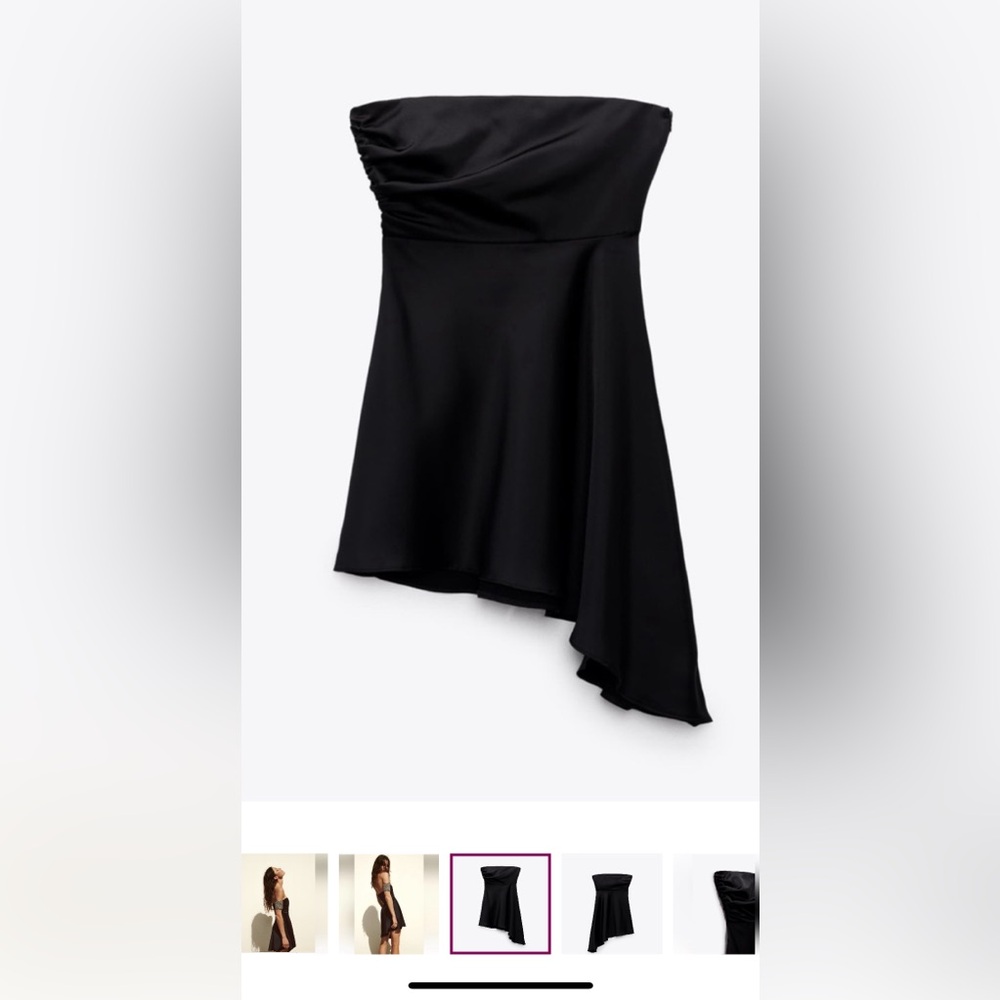 Zara Satin Effect Black Strapless Asymmetrical Draped Cocktail Dress - Size XL - Picture 9 of 9